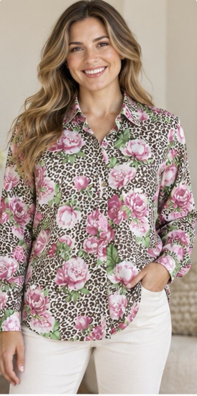 Guess Womens Button Down Shirt XL Pink Roses Leopard Print NWT $70